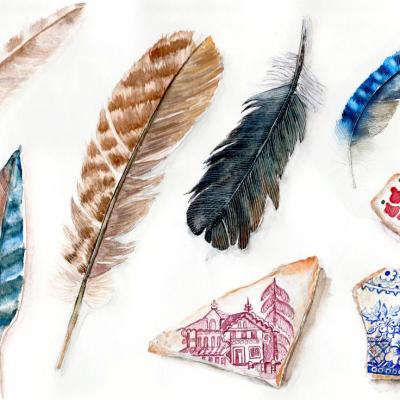 Plumes d'oiseaux et morceaux d'assiettes à l'aquarelle par véronique chevreul